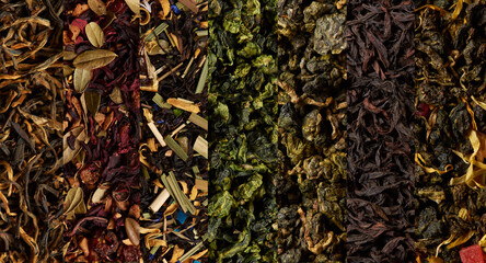 Collage background texture of quality tea leaves.