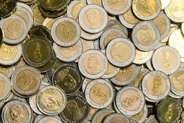 Stack of ten Thai baht coins, money, financial, business concept