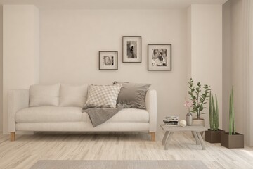 White living room with sofa. Scandinavian interior design. 3D illustration