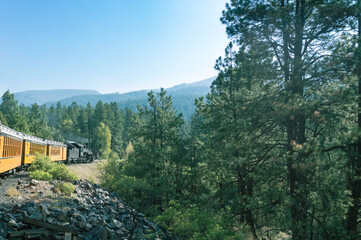 Fototapeta na wymiar August 12, 2018, Durango, USA - the famous Durango - Silverton narrow gauge railroad. Train coaches and steam locomotive entering in a forest.