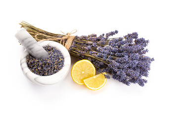lavender spa products with dried lavender flowers on a isolated background.