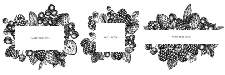 Frames with black and white strawberry, blueberry, red currant, raspberry, blackberry