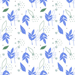 Botanical seamless pattern with leaves and dots. Vector pattern, flat style, boho style. 