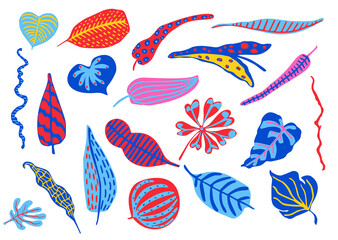 cartoon bright colorful spotted dotted striped tropical leaves set