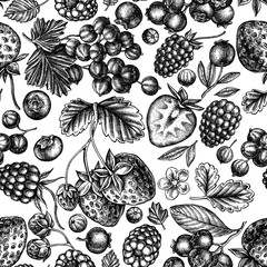 Seamless pattern with black and white strawberry, blueberry, red currant, raspberry, blackberry