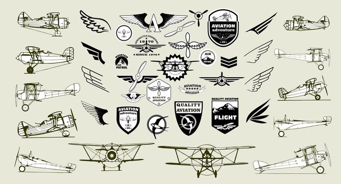 Monochrome Mega Set of retro airplanes, emblems, design elements , badges and logo patches on the theme aviation.