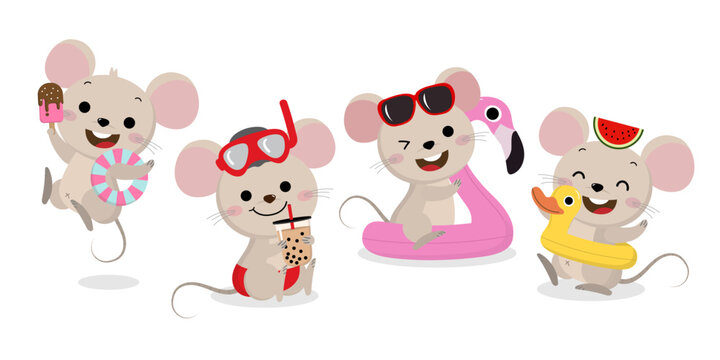 ute mouse and summer vacation vector set. Little rat with ice-cream and duck rubber ring on the beach. Animal wildlife cartoon character.