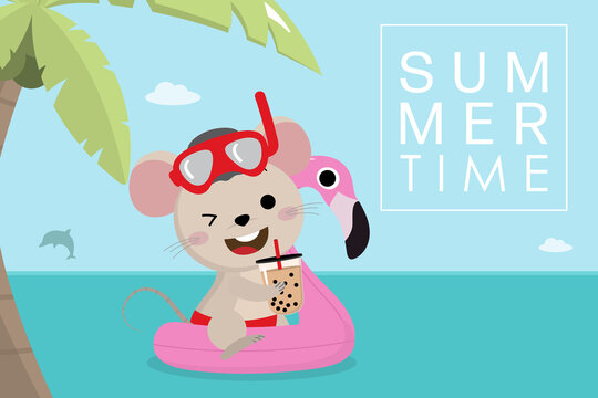 Summer with cut mouse and pink flamingo swim rubber ring. Little rat and animal pool toys are swimming in the sea with iced bubble milk tea.