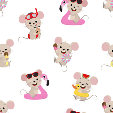 Cute mouse and summer vacation seamless pattern. Little rat with ice-cream, bubble milk tea, flamingo, and duck rubber ring.  Animal wildlife cartoon background.
