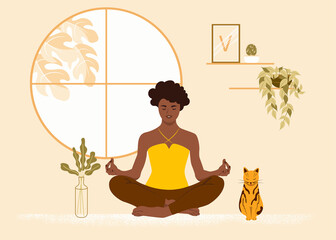 Obraz na płótnie Canvas African American girl sits in the lotus position at home with her cat. The woman is engaged in yoga, meditation. Flat vector illustration