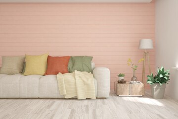 Pink interior of living room with sofa. Scandinavian interior design. 3D illustration
