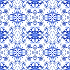 Foto op Plexiglas The blue pattern on the tiles is hand-drawn in watercolour, a seamless floral pattern. © Dasha