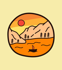 illustration of sea and hill for t-shirt Design, tee design ,patch emblem badge design