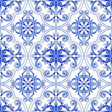The blue pattern on the tiles is hand-drawn in watercolour, a seamless floral pattern.