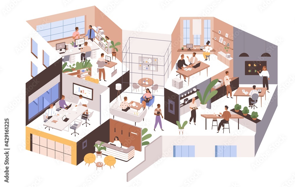 Poster inside large office with different rooms, work areas and spaces. modern workspace interior with peop
