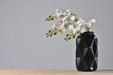 Fototapeten Modern black vase with orchid flower on gray background. © pridannikov