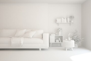 White minimalist living room with sofa. Scandinavian interior design. 3D illustration