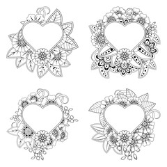 Set of Mehndi flower for henna, mehndi, tattoo, decoration. decorative ornament in ethnic oriental style. doodle ornament. outline hand draw illustration. coloring book page.
