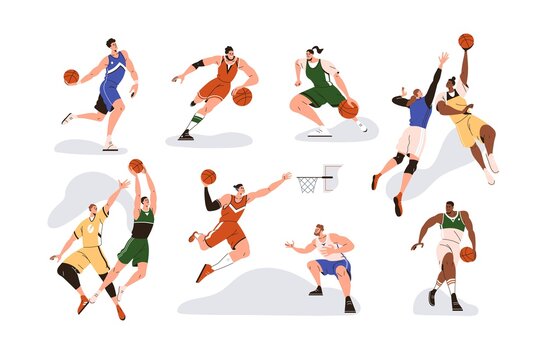 Man players playing basketball with orange ball, throwing it to net basket, dribbling, dunking and jumping during sports game. Set of athletes. Colored flat vector illustration isolated on white
