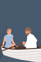 Couple in the boat rowing down the river