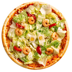 Isolated fresh baked pizza with iceberg salad and shrimp