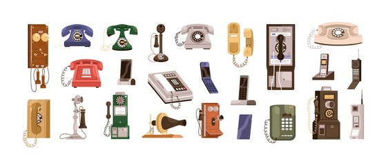 Vintage telephones and modern mobile phones set. Old antique analog devices for communication. Desktop rotary, radiophone and cellphone. Colored flat vector illustration isolated on white background