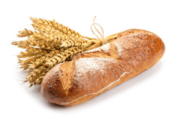 breads and a bunch of wheat spikelets on a white background