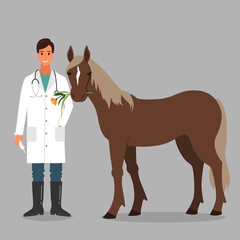 Happy veterinarian doctor character with farm animal - horse. - 429163016