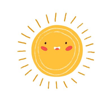 Cute happy summer sun with rays. Childish drawing of solar circle in Scandinavian style. Sunny weather doodle icon. Colored flat textured vector illustration isolated on white background