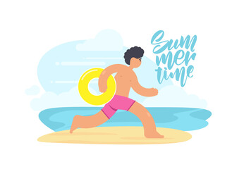 Vector illustration of running man with yellow Inflatable ring on sunny beach background. Flat cartoon scene.