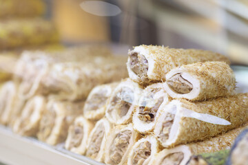 Closeup of traditional turkish delight in shop