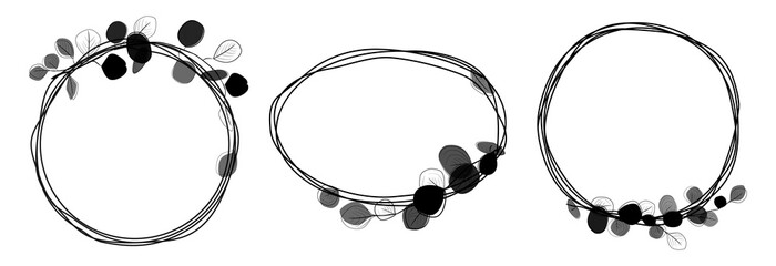 Set of frames circular lines and leaves.Set of black vector hand drawn frames with eucalyptus leaves and branches isolated on white.Decorative design elements © Tally 18