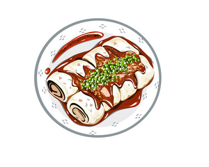 Steamed spring roll on a plate. Spring roll with sauce on top and spring onions. Isolated asian food vector illustration on white background. 