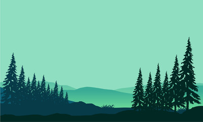 Cool morning atmosphere with mountain views and aesthetic pine tree silhouettes. Vector illustration