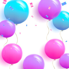 Frame made of round 3d balloons with confetti, white empty place for your copy inside, baby shower template