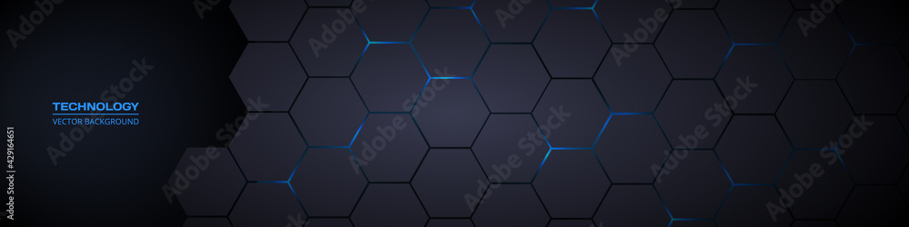 Wall mural dark gray and blue horizontal hexagonal technology abstract vector background. blue bright energy fl - Wall murals