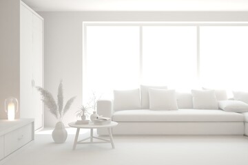 White minimalist living room with sofa. Scandinavian interior design. 3D illustration