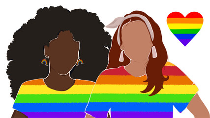 lesbian couple dressed in rainbow t-shirts. support for lgbt. human rights. poster, banner. vector flat illustration