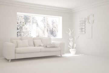 Mock up of stylish room in white color with sofa and winter landscape in window. Scandinavian interior design. 3D illustration