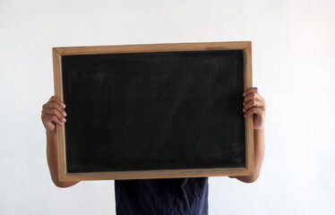 people holding blank blackboard isolated in white background
