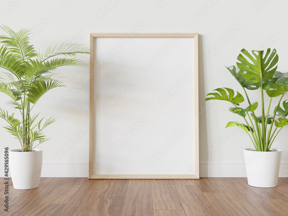 Poster wooden frame leaning on floor in interior mockup. template of a picture framed on a wall 3d renderin