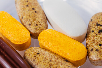 Pills. Tablets of various shapes. Close-up.