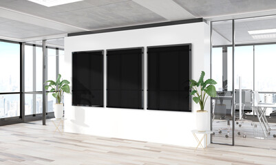 Three vertical frames Mockup hanging on wall. Mock up of billboards in modern wooden office interior 3D rendering