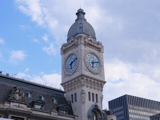 The clock of the railway station of gare de Lyon. April 2021, France.