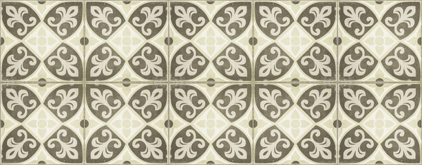 Seamless old brown gray beige vintage worn shabby flower leaf print patchwork square motive mosaic tiles stone concrete cement wall texture background banner