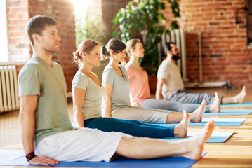 fitness, sport and healthy lifestyle concept - group of people doing yoga seated staff pose on mats at studio