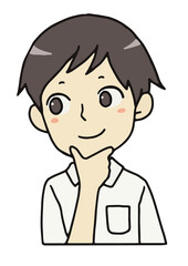 顎に手をあてる笑顔の男子学生のバストアップ