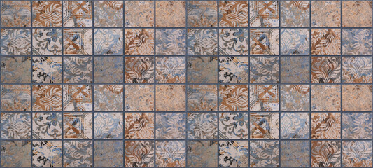 Brown blue orange beige vintage retro geometric square mosaic motif cement tiles texture background...