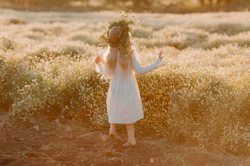 portrait of a little blonde girl with a wreath of daisies on her head in the summer at sunset