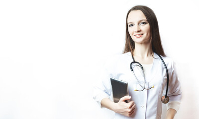 Medical career. healthcare and medicine concept. doctor woman smiling at camera while standing against white background. Studio shot, with free space